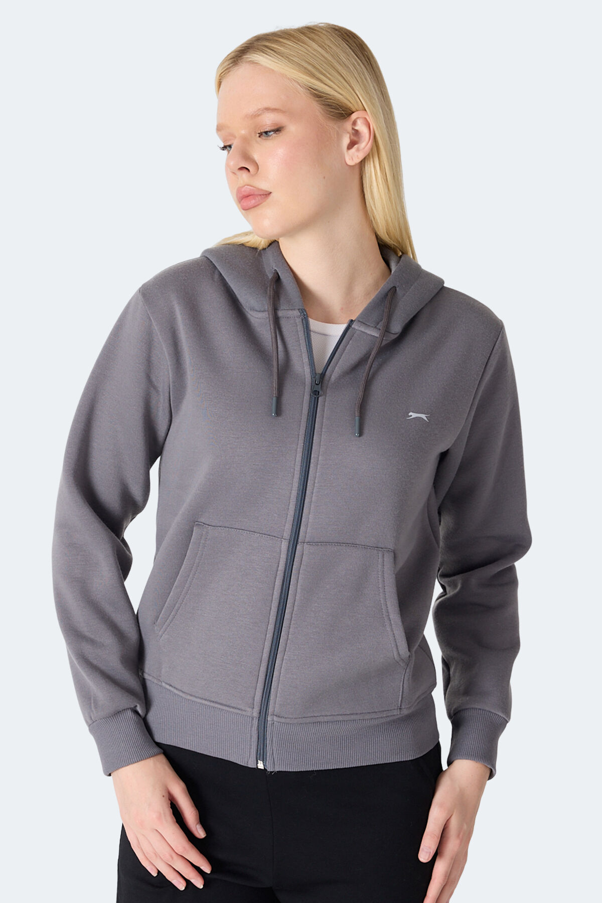 Slazenger MILIO I Kadın Fermuarlı Kapüşonlu Cepli Gri Sweatshırt