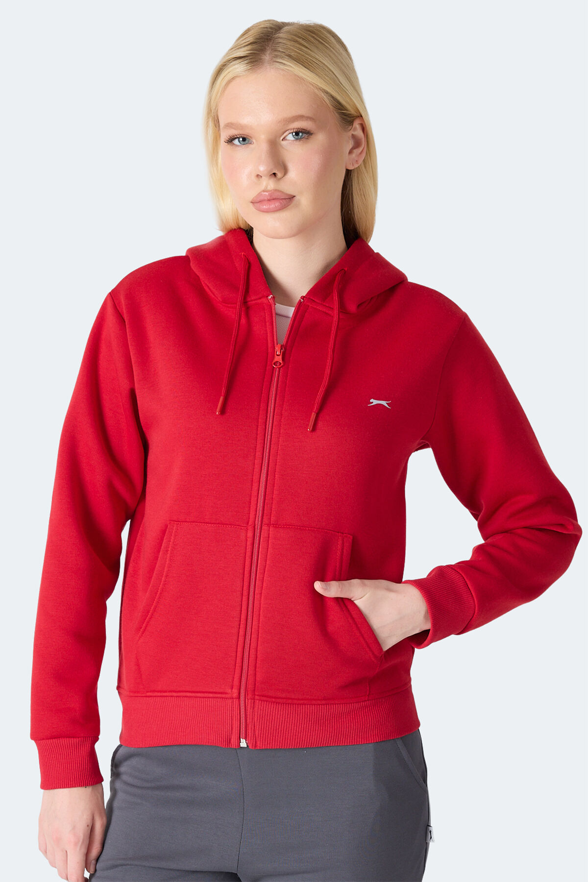 Slazenger MILIO I Kadın Fermuarlı Kapüşonlu Cepli Kırmızı Sweatshırt