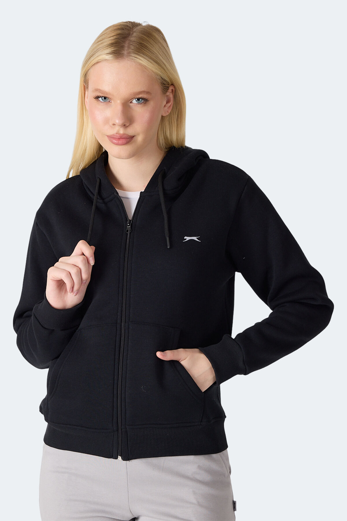 Slazenger MILIO I Kadın Fermuarlı Kapüşonlu Cepli Siyah Sweatshırt