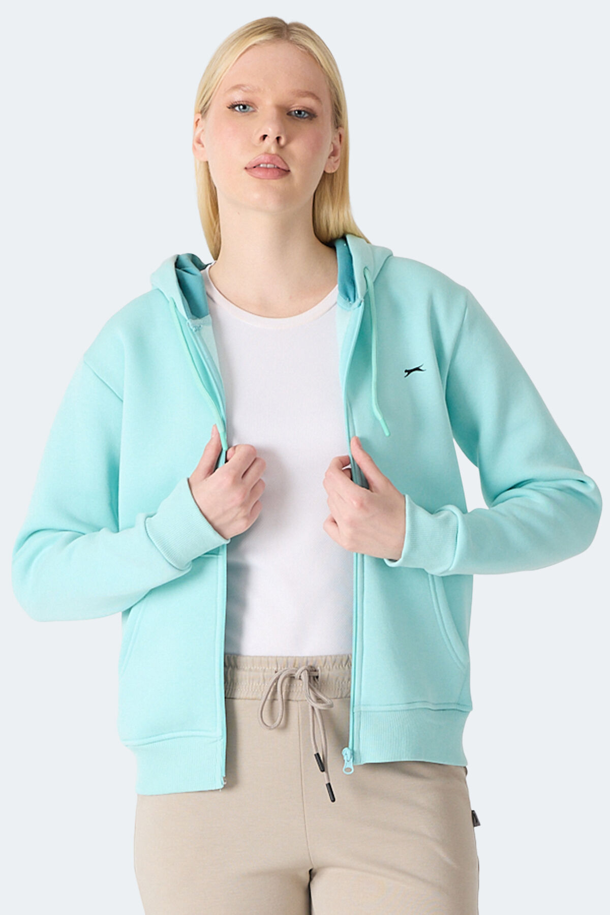 Slazenger MILIO I Kadın Fermuarlı Kapüşonlu Cepli Turkuaz Sweatshırt
