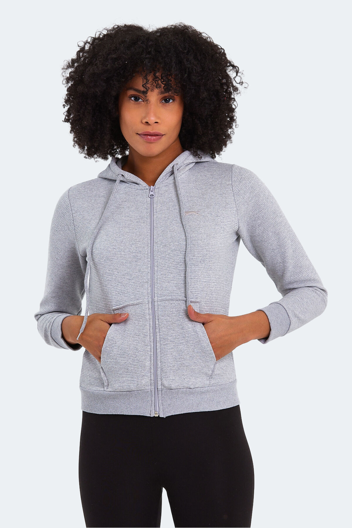 Slazenger PEMA I Kadın Fermuarlı Kapüşonlu Cepli Gri Sweatshırt