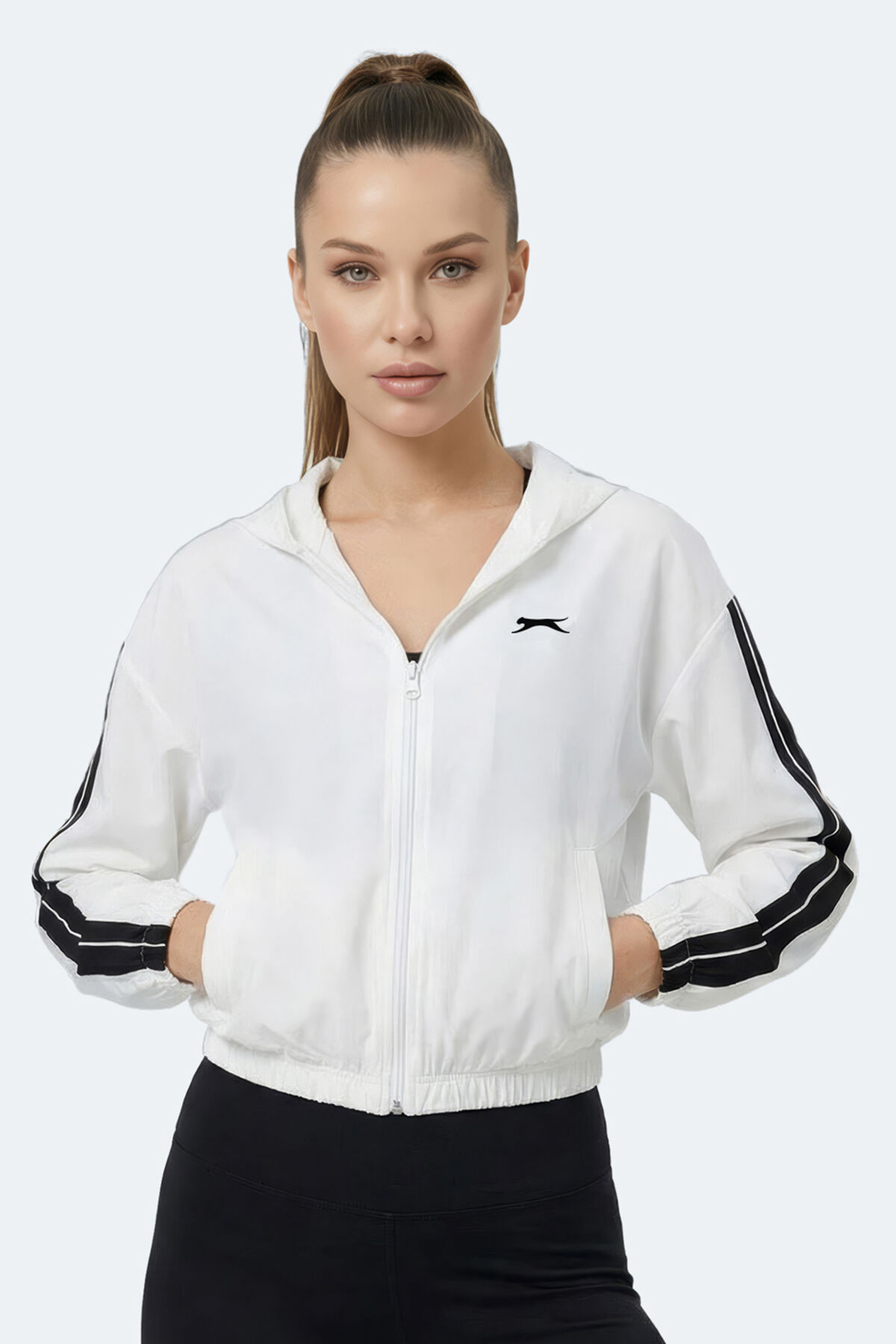 Slazenger RAZZLE Kadın Fermuarlı Kapüşonlu Cepli Ekru Sweatshırt