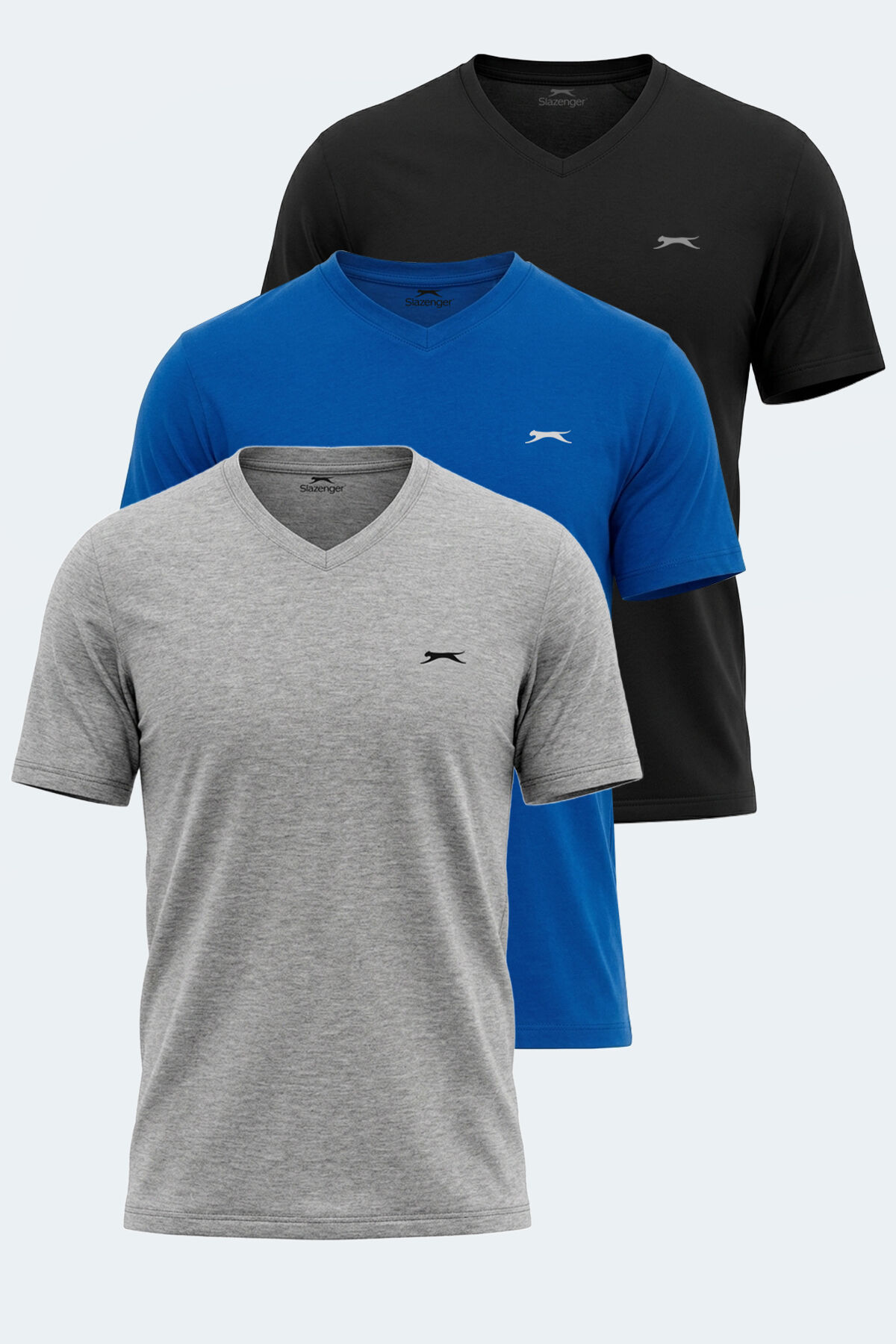 Slazenger RIVALDO 3 lü Set Erkek V Yaka Gri - Siyah - Saks Mavi Tişört