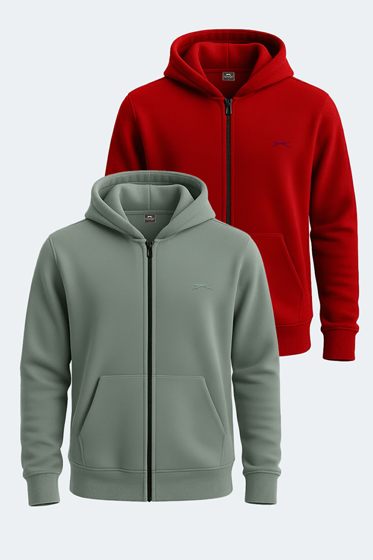 Slazenger SAMSON 2 li set Erkek Fermuarlı Kapüşonlu Cepli Haki - Bordo Sweatshirt