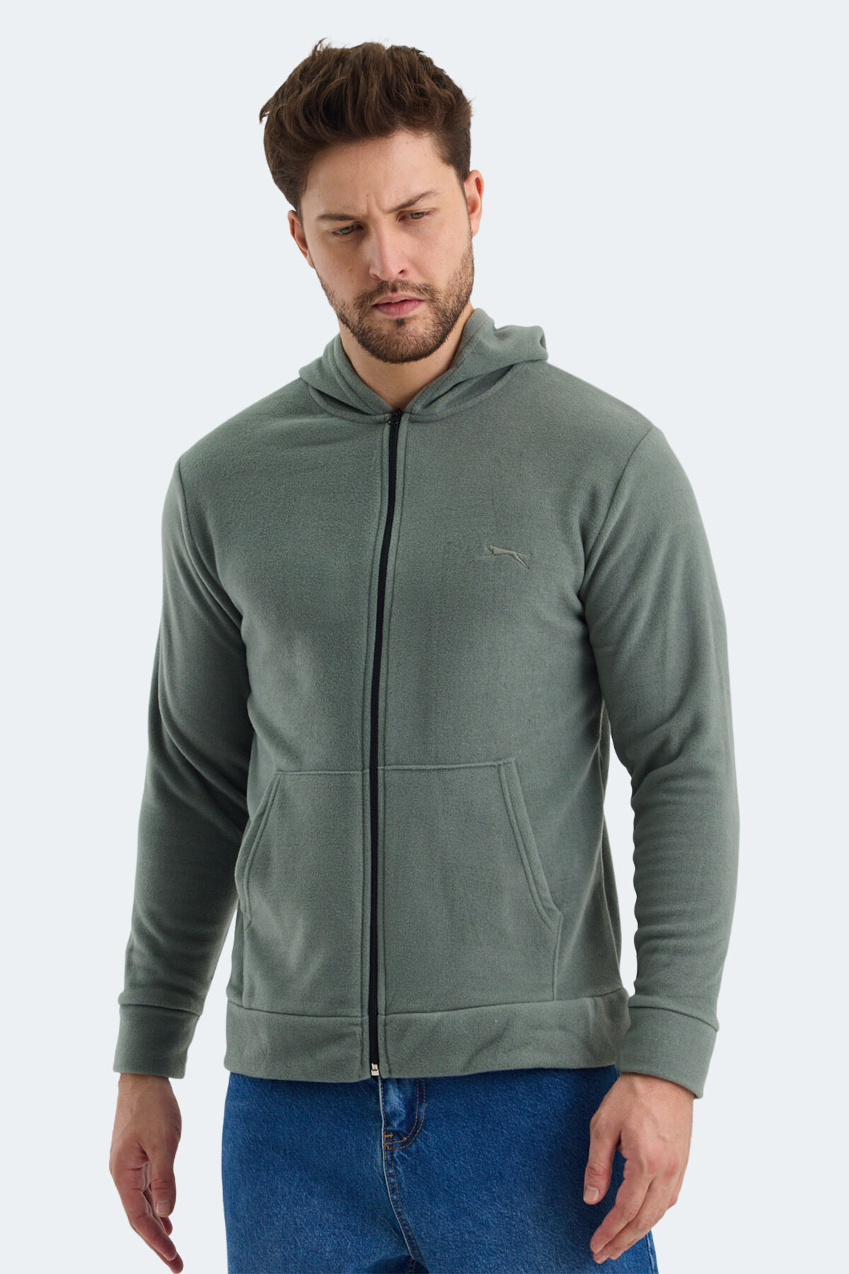 Slazenger SAMSON IN Erkek Fermuarlı Kapüşonlu Cepli Haki Polar