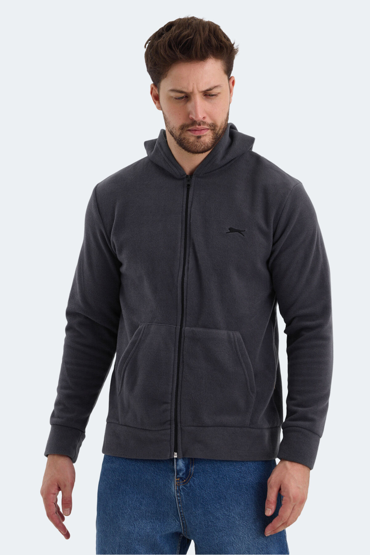 Slazenger SAMSON IN Erkek Fermuarlı Kapüşonlu Cepli Koyu Gri Polar