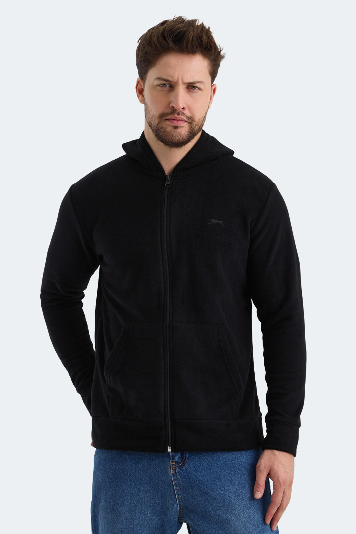 Slazenger SAMSON IN Erkek Fermuarlı Kapüşonlu Cepli Siyah Polar