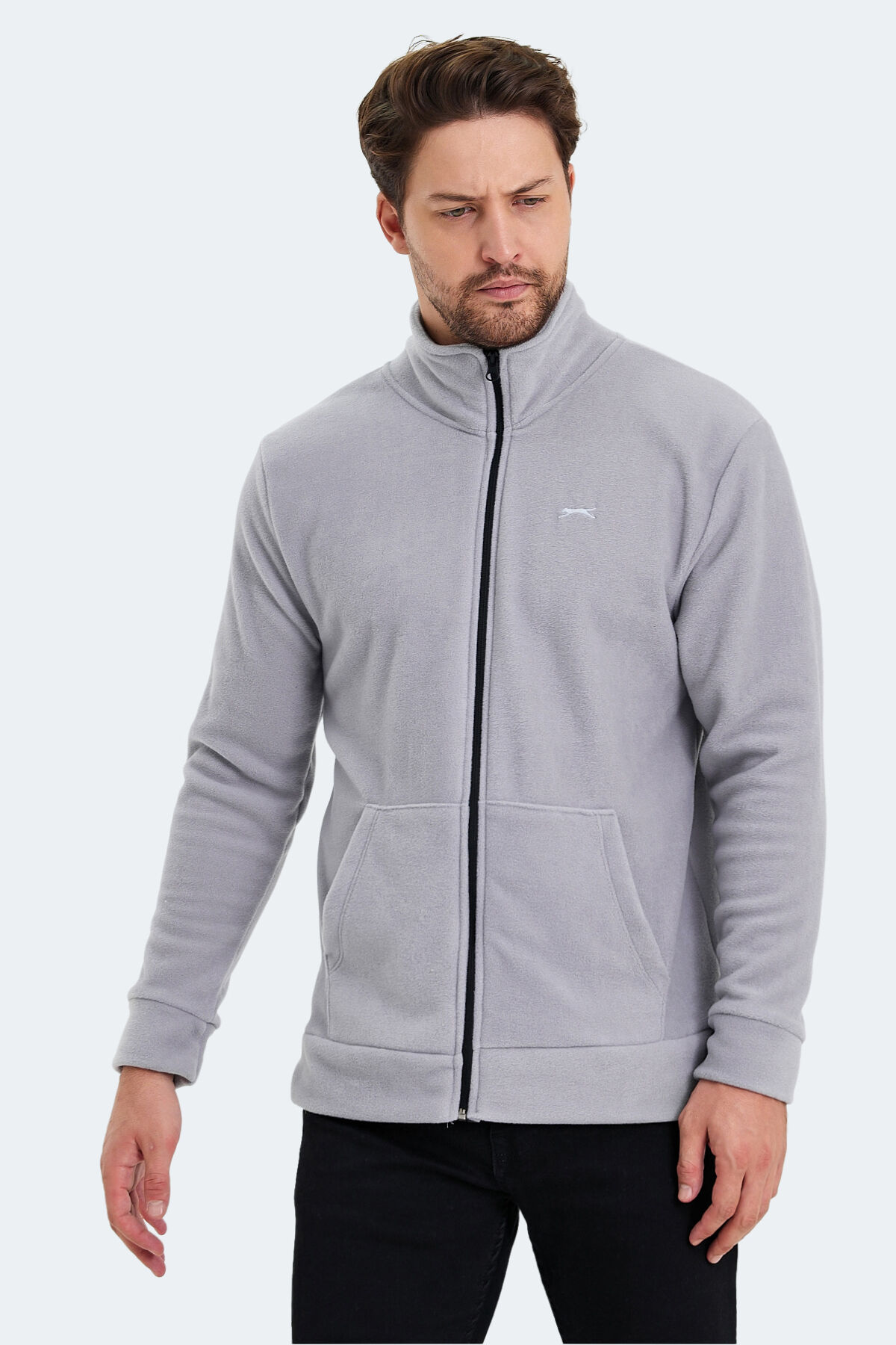 Slazenger SANSA Erkek Fermuarlı Dik Yaka Cepli Gri Polar