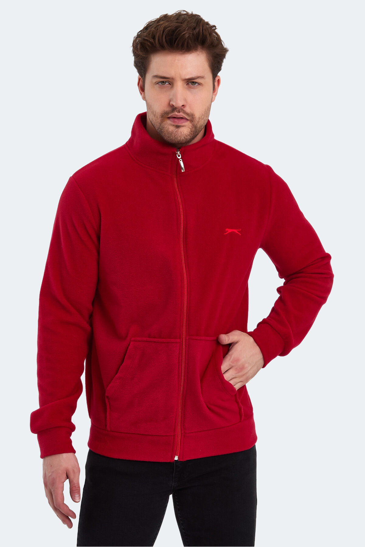 Slazenger SANSA Erkek Fermuarlı Dik Yaka Cepli Kırmızı Polar