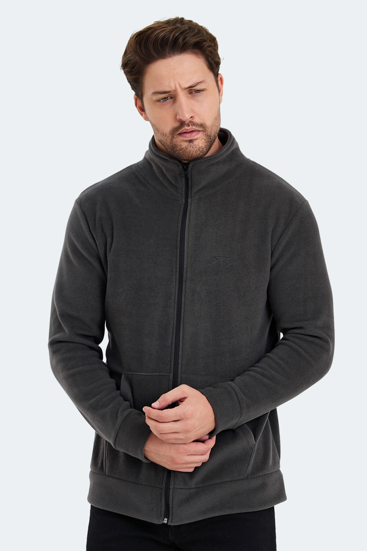 Slazenger SANSA Erkek Fermuarlı Dik Yaka Cepli Koyu Gri Polar