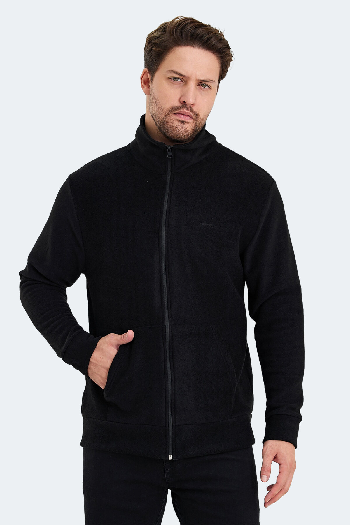 Slazenger SANSA Erkek Fermuarlı Dik Yaka Cepli Siyah Polar