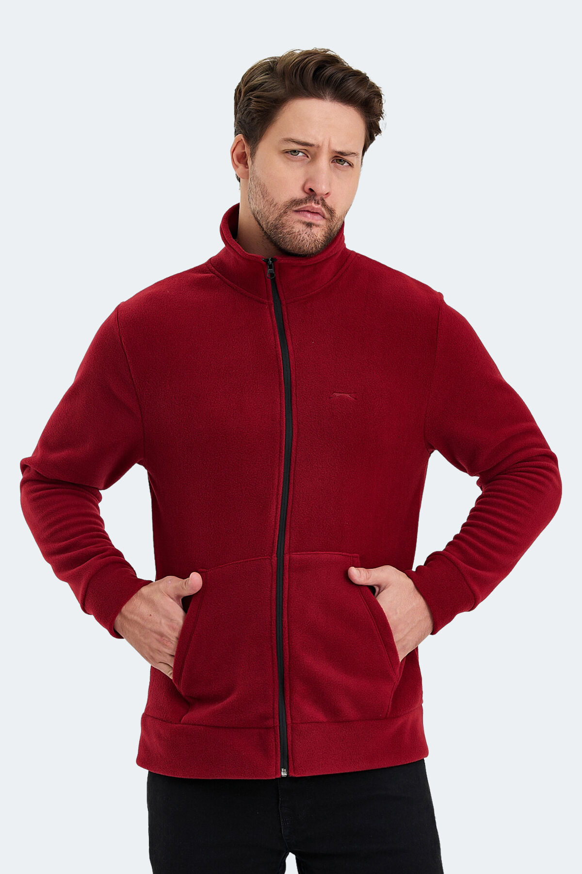 Slazenger SANSA Erkek Fermuarlı Dik Yaka Cepli Bordo Polar