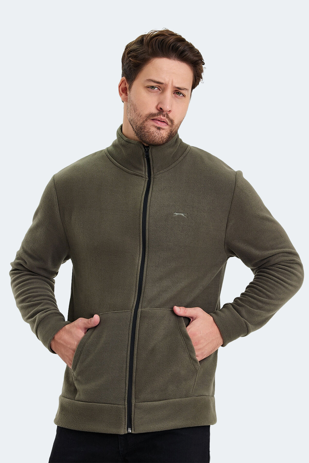 Slazenger SANSA Erkek Fermuarlı Dik Yaka Cepli Haki Polar