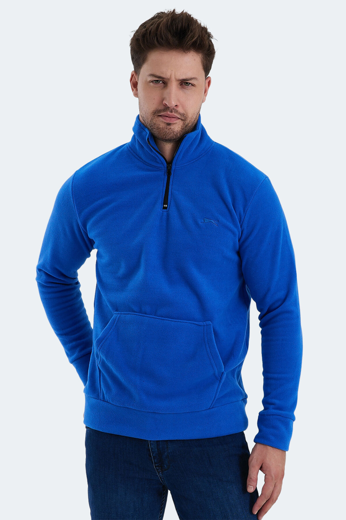 Slazenger SOLID IN Erkek Fermuarlı Dik Yaka Cepli Saks Mavi Polar