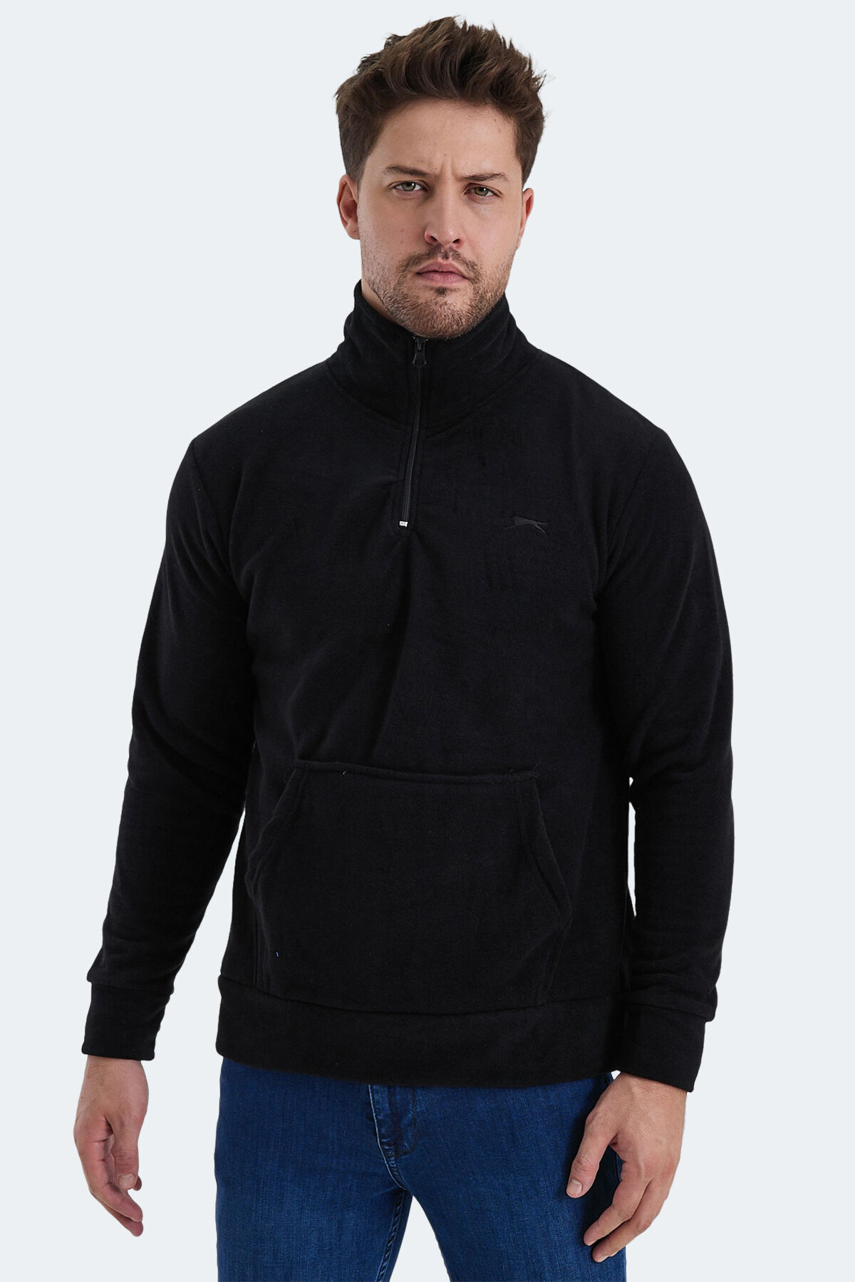 Slazenger SOLID IN Erkek Fermuarlı Dik Yaka Cepli Siyah Polar