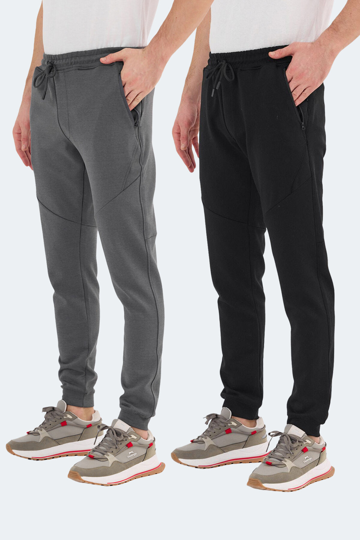Slazenger VENOM 2 Lİ SET Erkek Fermuar Cepli Slim Fit Siyah - Koyu Gri Eşofman Altı