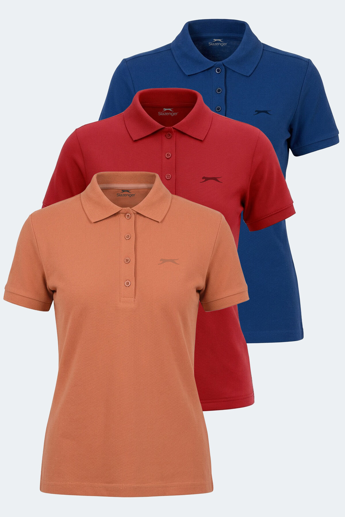 Slazenger VERA 3 LÜ SET Kadın Polo Yaka Kırmızı - Saks Mavi - Kiremit Tişört