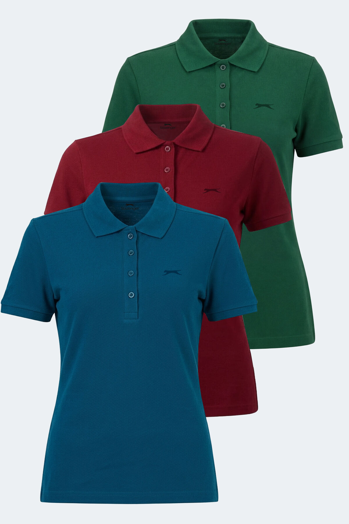 Slazenger VERA 3 LÜ SET Kadın Polo Yaka Yeşil - Petrol - Bordo Tişört