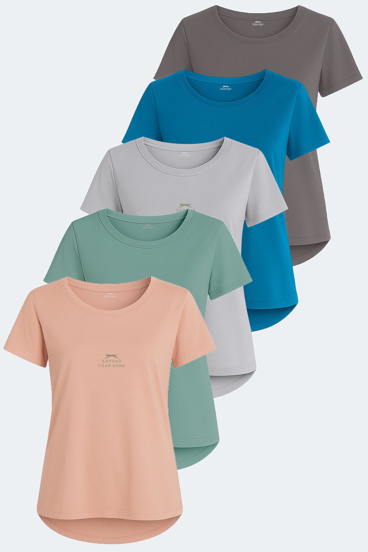 Slazenger VIRAJ 5 li Set Kadın  Taş Gri - Petrol - Koyu Gri - Somon - Su Yeşili Tişört