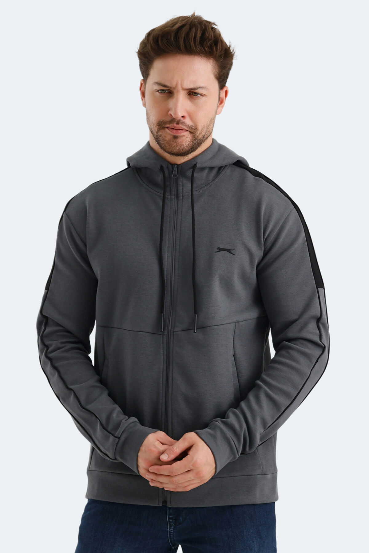 Slazenger VALERYA Erkek Fermuarlı Kapüşonlu Cepli Koyu Gri Sweatshırt