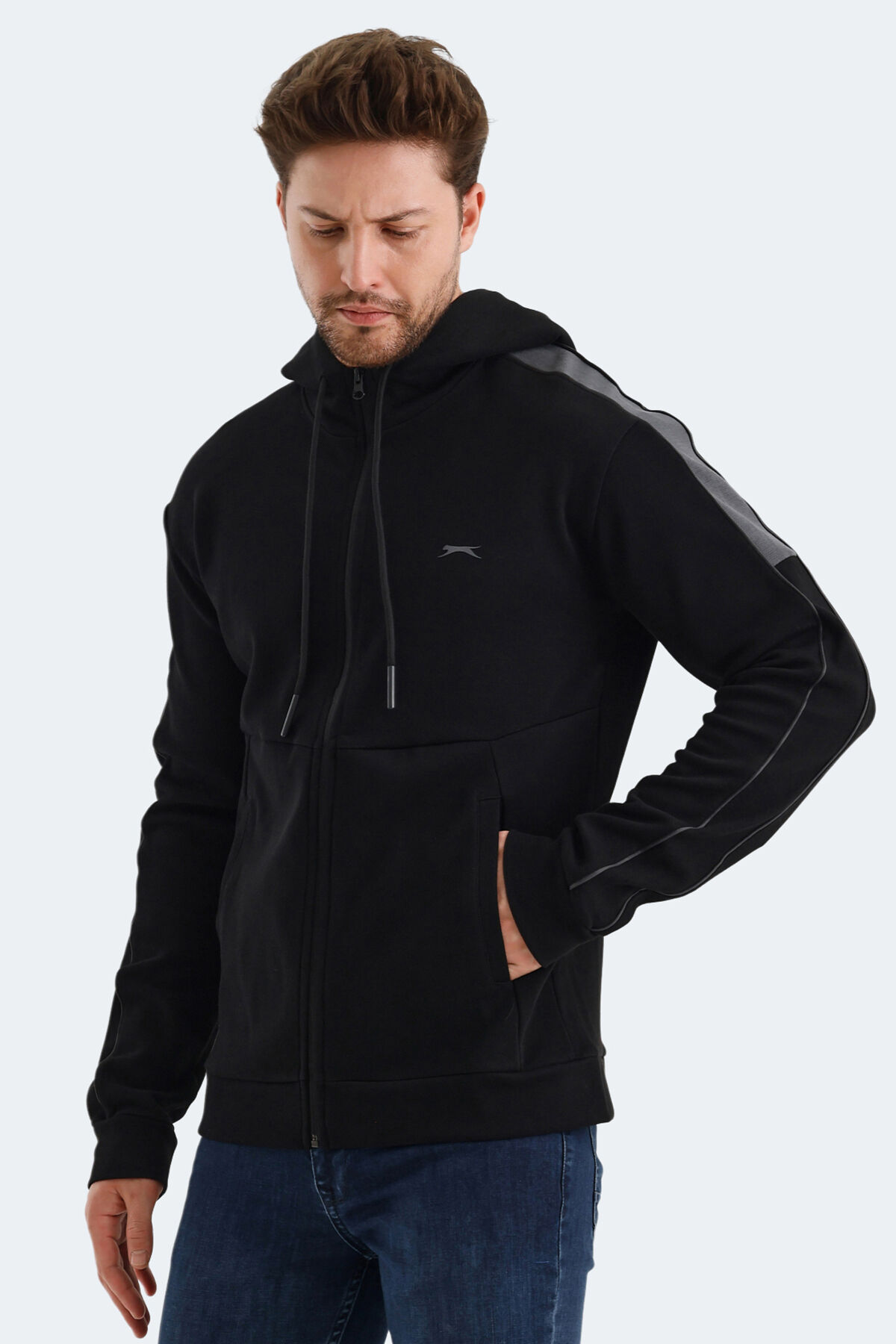 Slazenger VALERYA Erkek Fermuarlı Kapüşonlu Cepli Siyah Sweatshırt