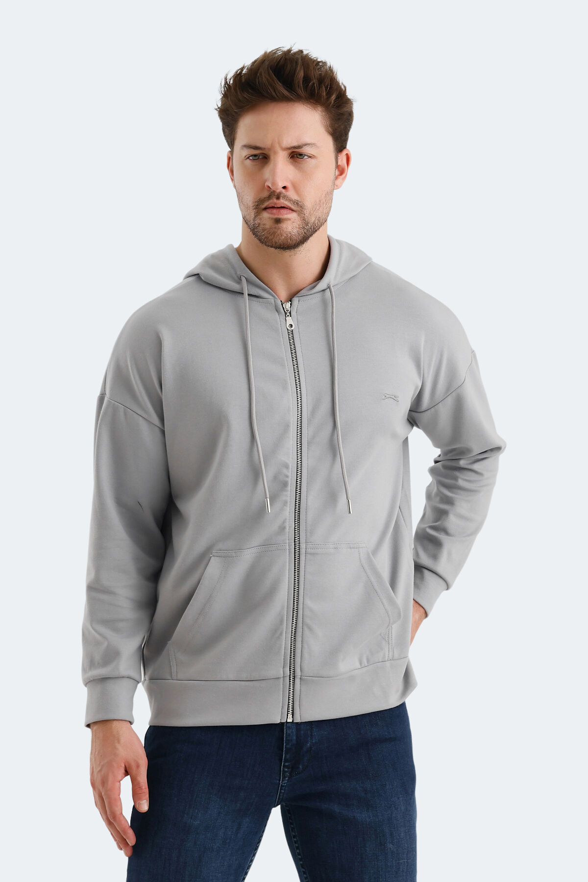 Slazenger VALTER Erkek Fermuarlı Kapüşonlu Cepli Gri Sweatshırt