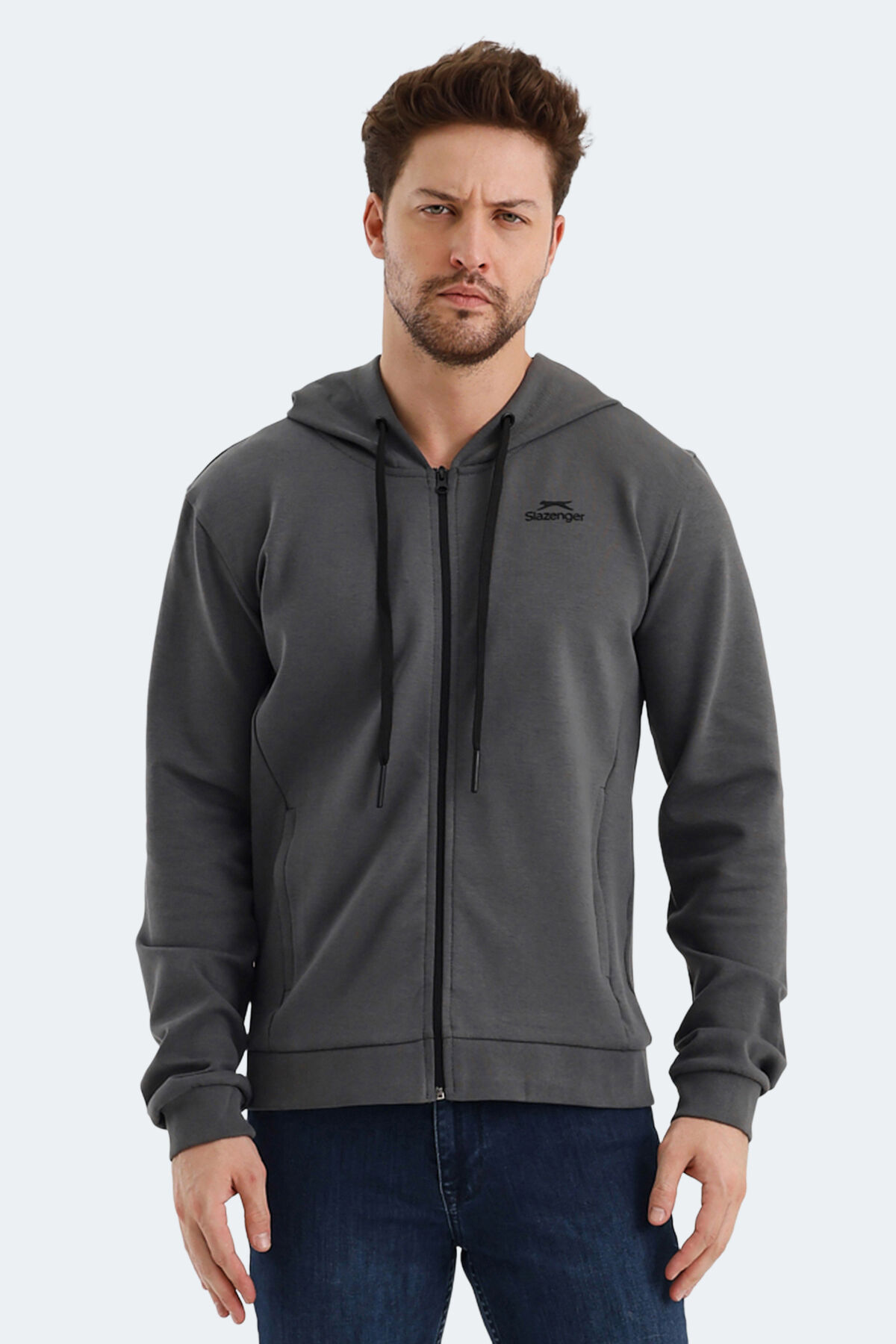 Slazenger VENDA Erkek Fermuarlı Kapüşonlu Cepli Koyu Gri Sweatshırt