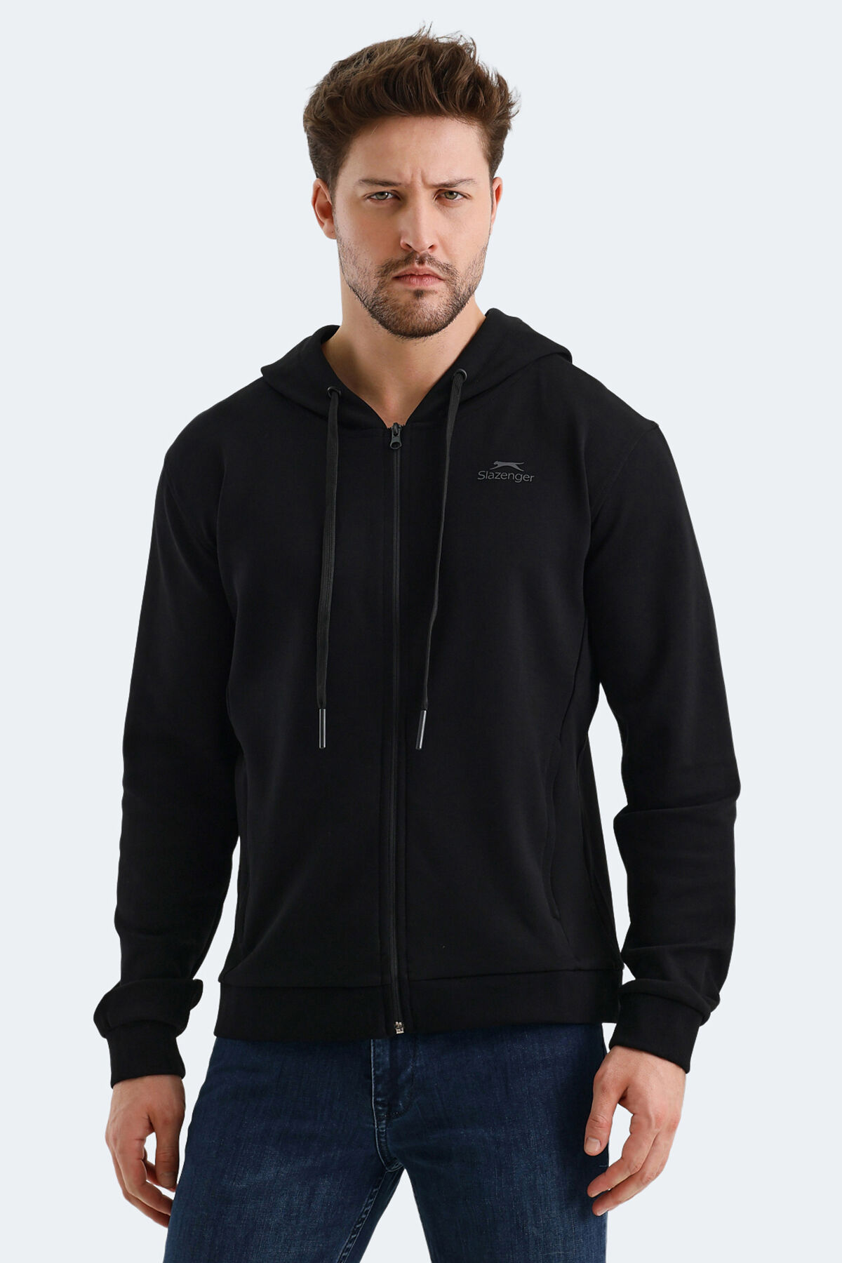Slazenger VENDA Erkek Fermuarlı Kapüşonlu Cepli Siyah Sweatshırt
