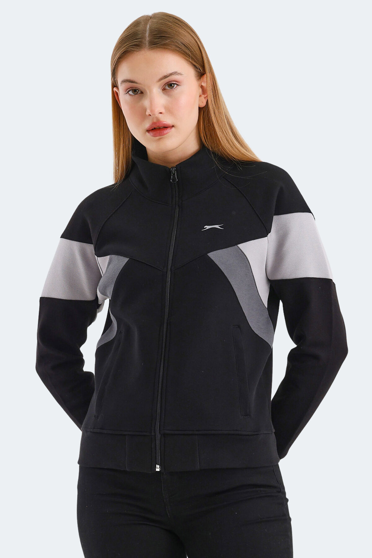 Slazenger VICTORY IN Kadın Fermuarlı Dik Yaka Cepli Siyah Sweatshırt