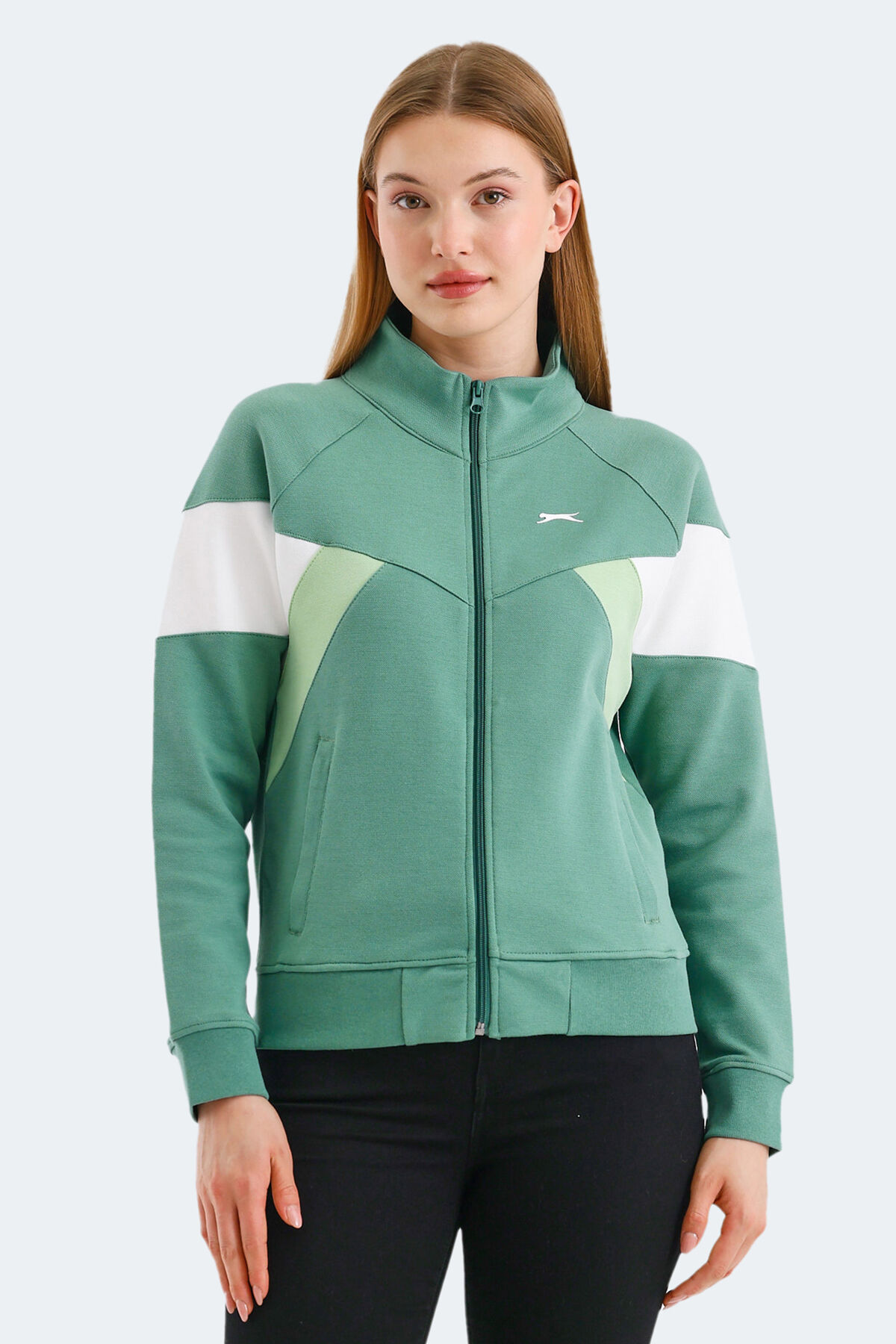Slazenger VICTORY IN Kadın Fermuarlı Dik Yaka Cepli Yeşil Sweatshırt