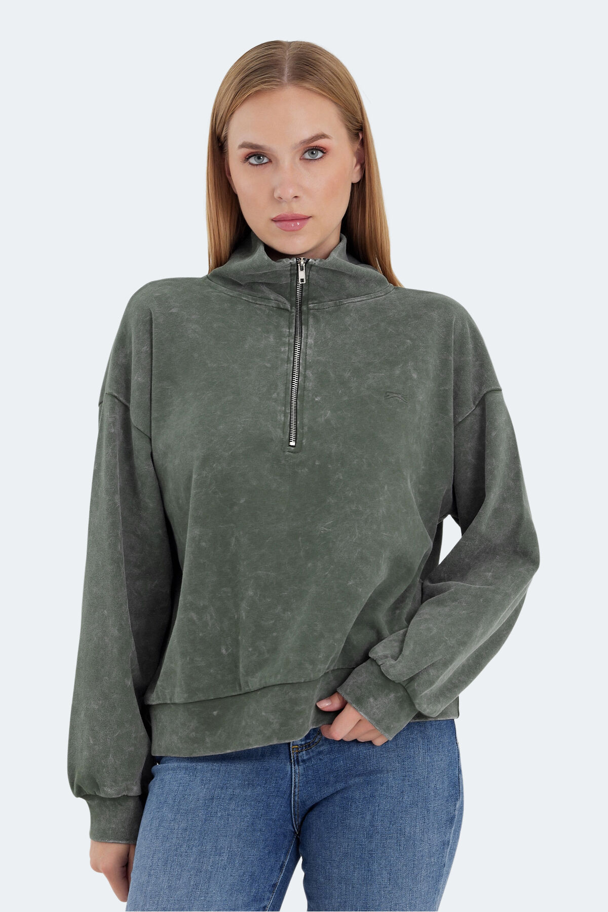 Slazenger VIEWER Kadın Dik Yaka Fermuarlı Oversıze Haki Sweatshırt