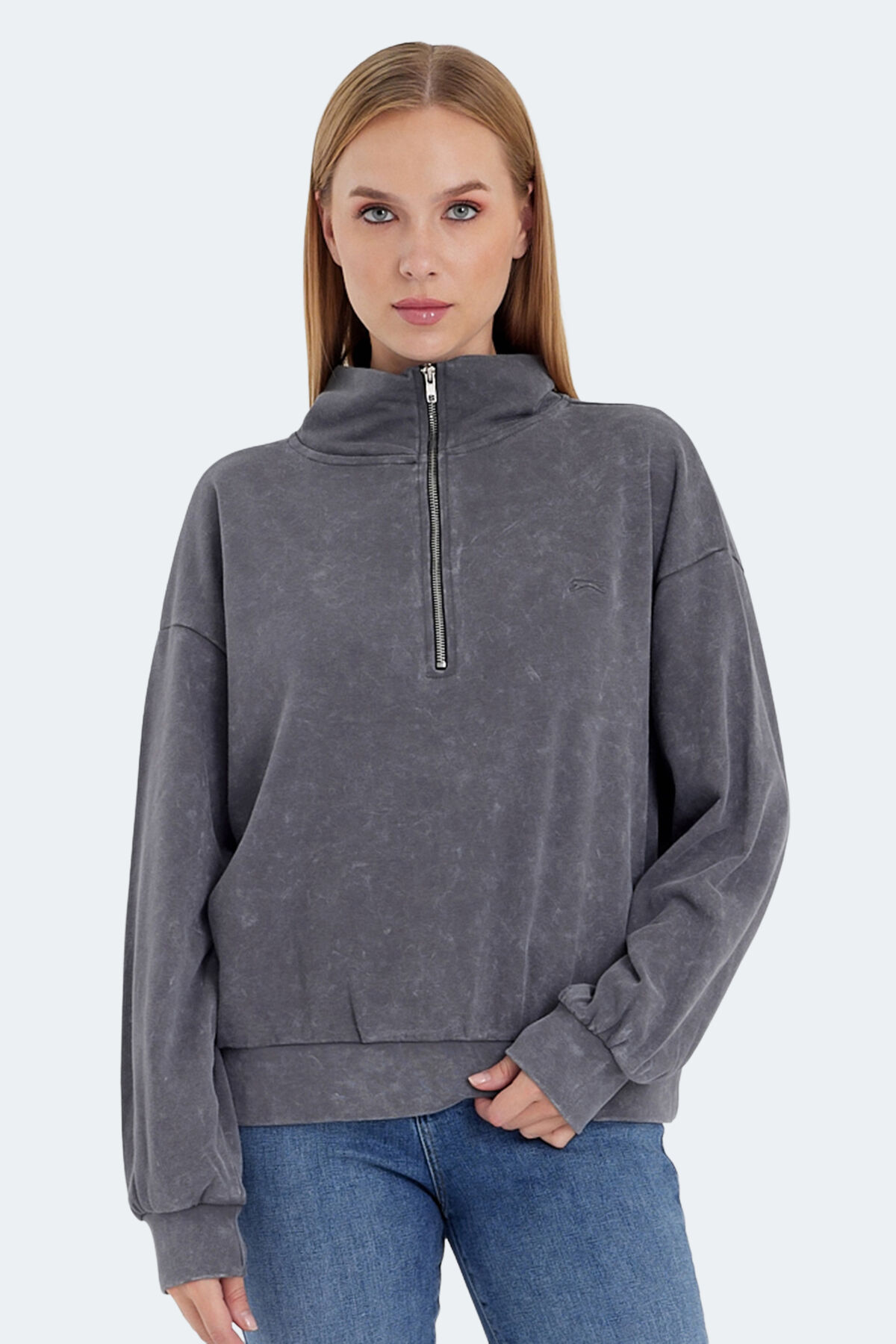 Slazenger VIEWER Kadın Dik Yaka Fermuarlı Oversıze Koyu Gri Sweatshırt