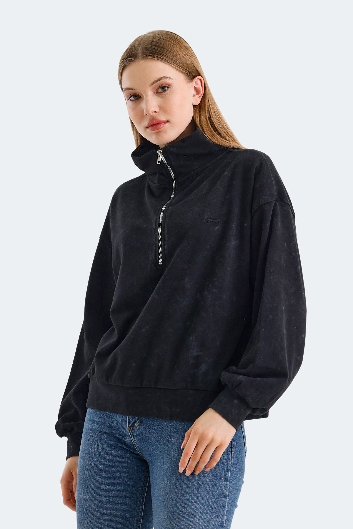 Slazenger VIEWER Kadın Dik Yaka Fermuarlı Oversıze Siyah Sweatshırt