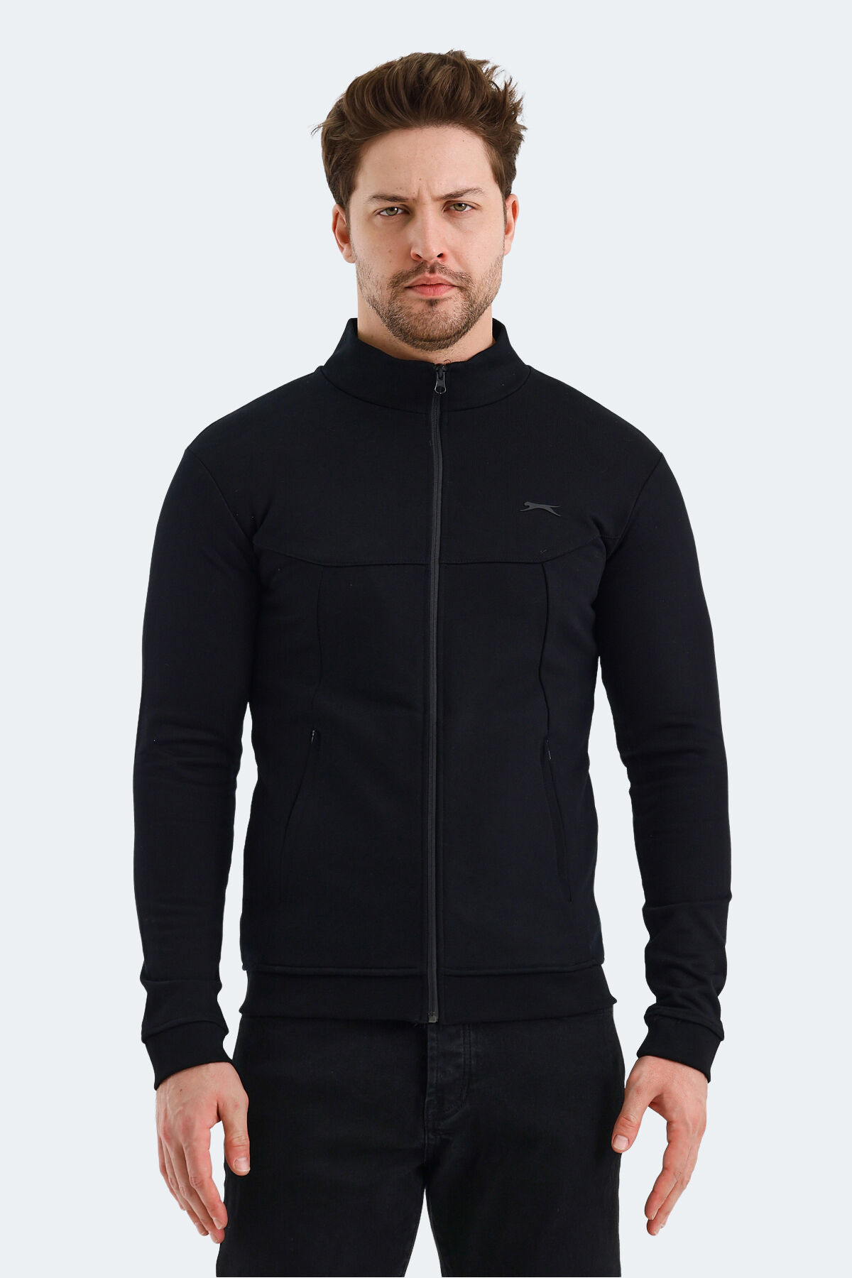 Slazenger VISUAL Erkek Fermuarlı Dik Yaka Cepli Siyah Sweatshırt