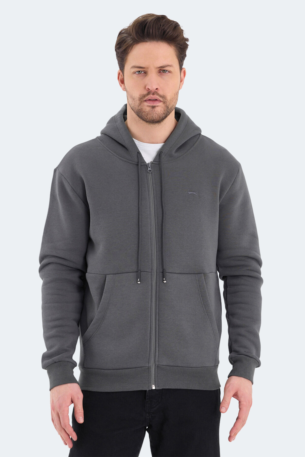 Slazenger VONDA Erkek Fermuarlı Kapüşonlu Cepli Koyu Gri Sweatshırt